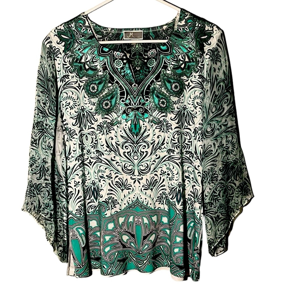 JM COLLECTION boho V-neck rhinestones sheer sleeves large
